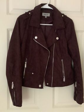 Kenneth Cole Burgundy Suede Moto Jacket with Silver Hardware